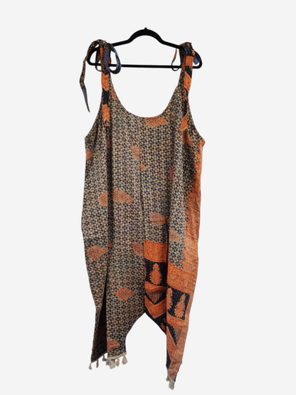 She Lives Beauty bohemian harem jumpsuit in vintage cotton kantha fabric with orange and grey patterned print