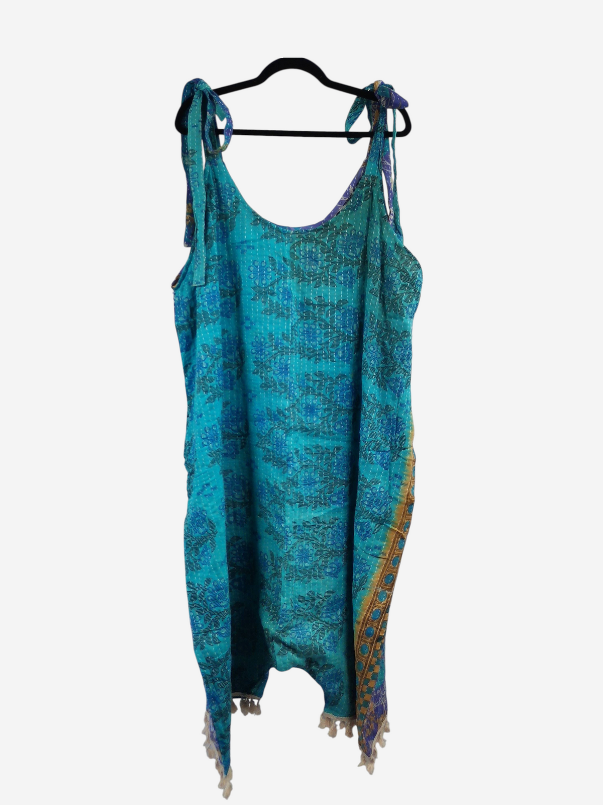 She Lives Beauty bohemian harem capri jumpsuit in teal vintage kantha cotton with intricate hand-stitched patterns.