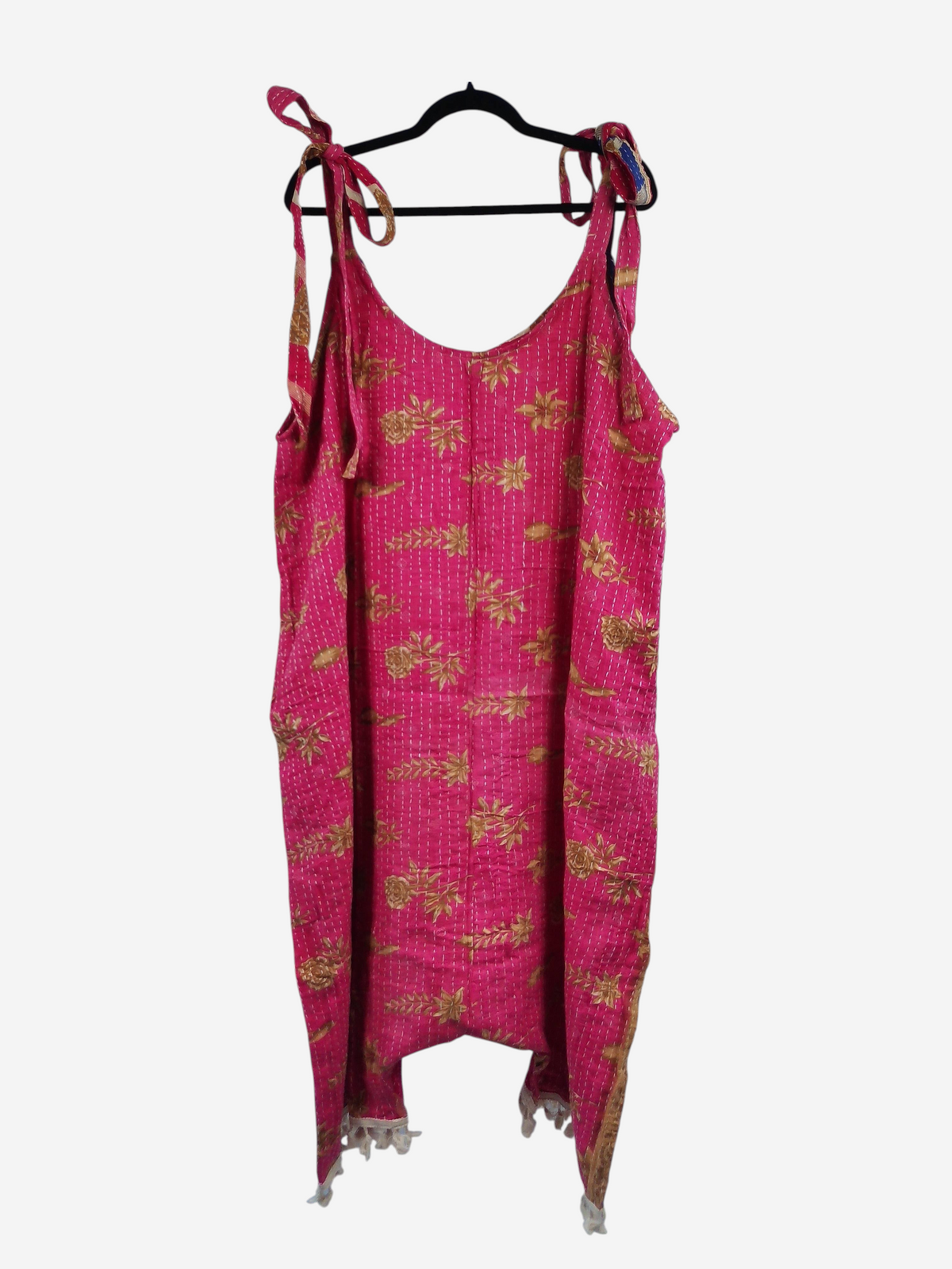 She Lives Beauty bohemian pink vintage cotton kantha jumpsuit with floral patterns and capri harem-style legs.