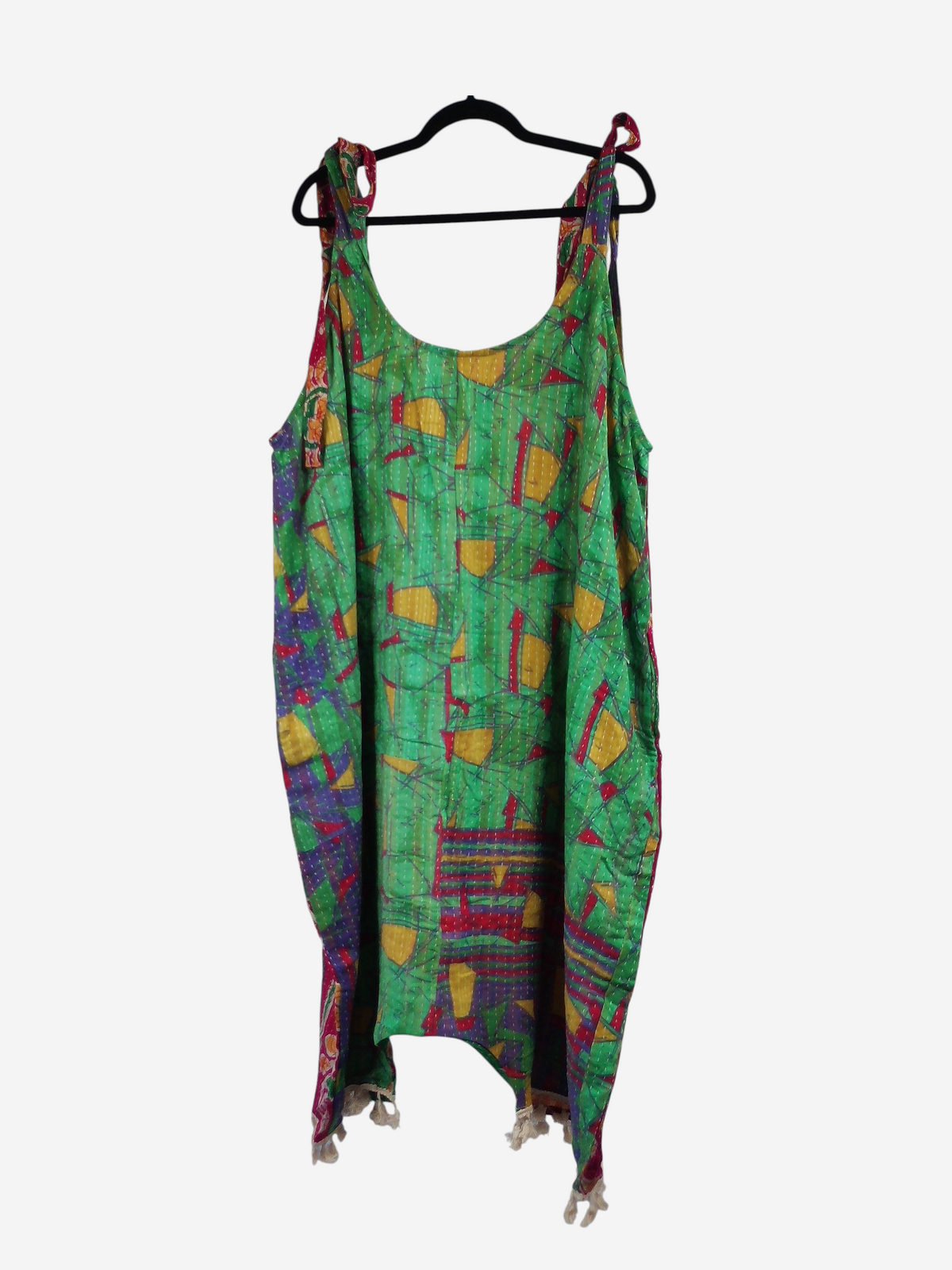 She Lives Beauty bohemian harem capri jumpsuit made from green vintage kantha cotton with colorful geometric patterns