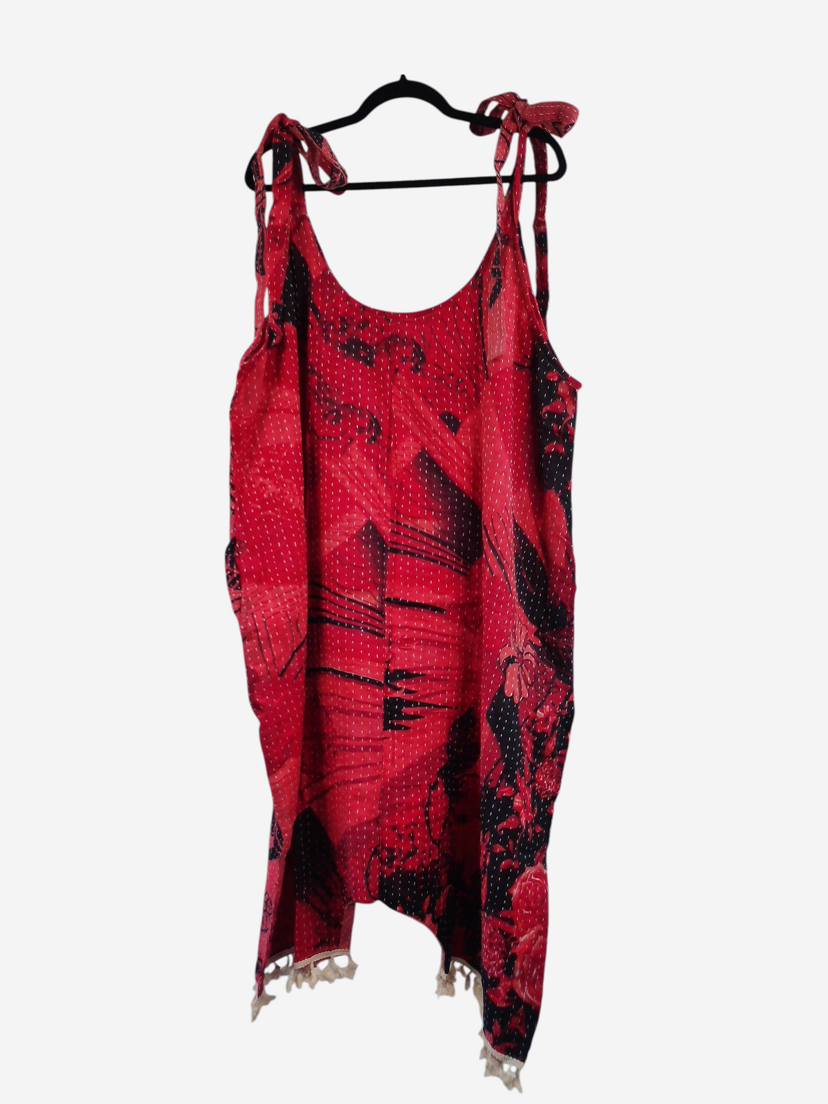 She Lives Beauty red and black vintage cotton kantha jumpsuit with harem capri silhouette and tie shoulder straps.