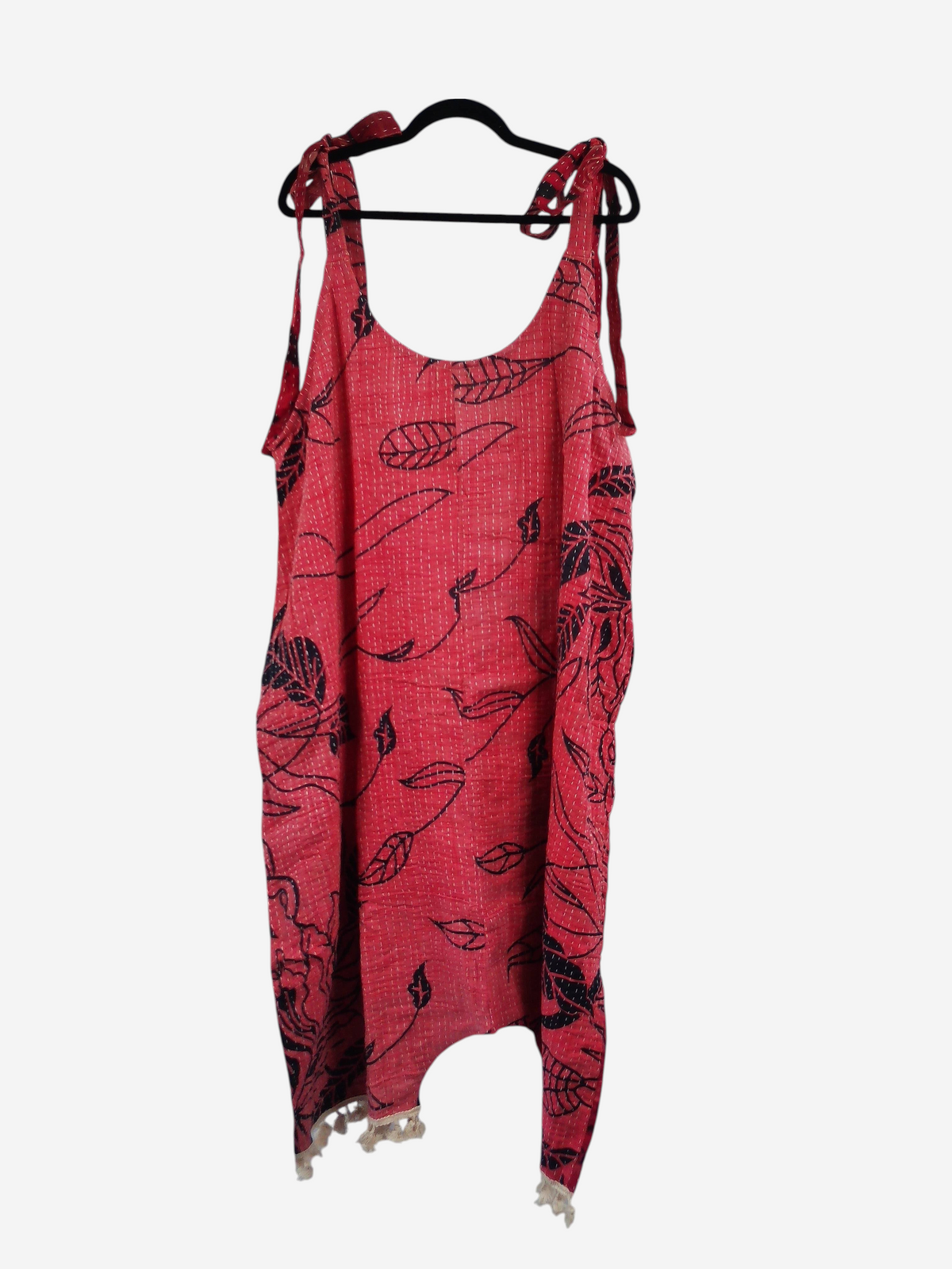 She Lives Beauty red vintage cotton kantha jumpsuit with black leaf print and capri-length harem silhouette