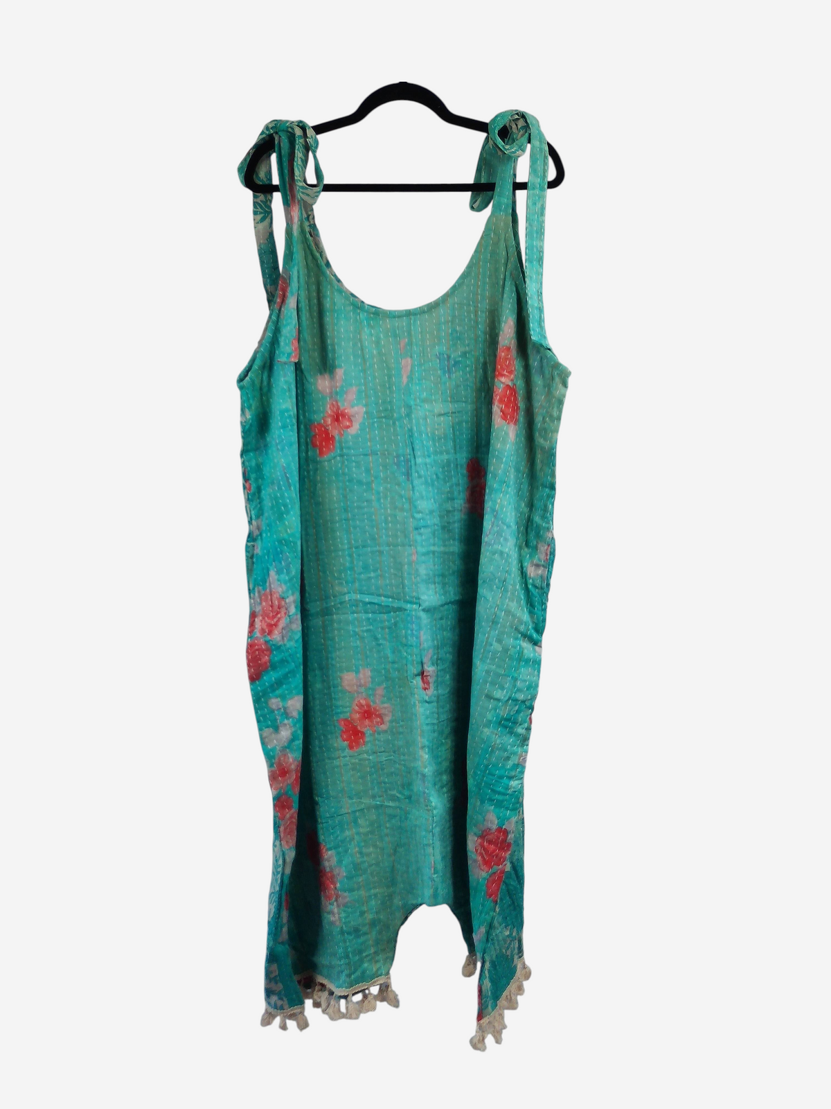She Lives Beauty bohemian harem jumpsuit in teal vintage cotton with floral kantha stitching and fringe hem