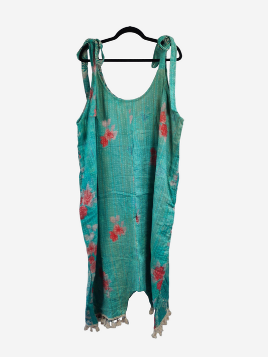 She Lives Beauty bohemian harem jumpsuit in teal vintage cotton with floral kantha stitching and fringe hem