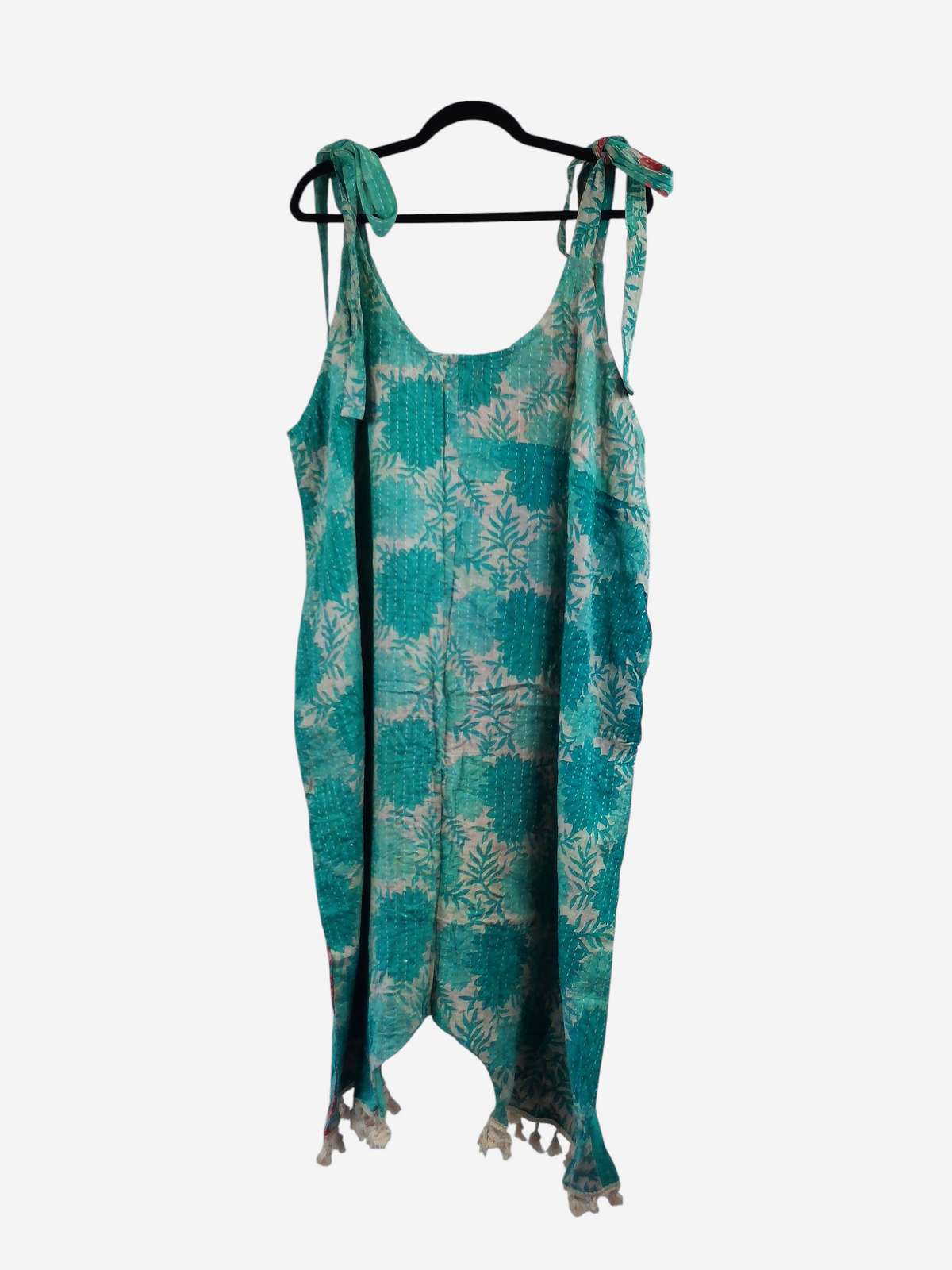 She Lives Beauty bohemian harem jumpsuit in teal and cream vintage kantha cotton with capri-length legs and tie straps