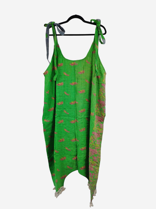 She Lives Beauty bohemian green kantha jumpsuit with vintage cotton sari fabric and tie straps on a hanger