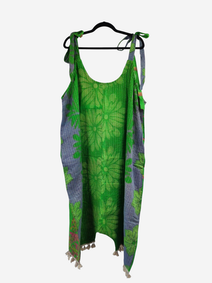 She Lives Beauty bohemian harem jumpsuit in green vintage kantha cotton with floral patterns and tie-shoulder straps.