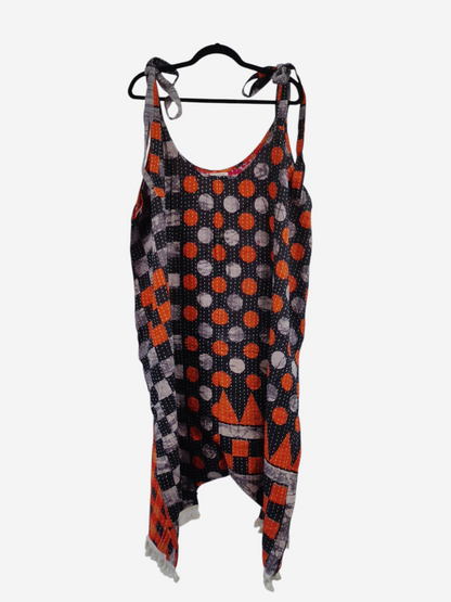 She Lives Beauty bohemian harem jumpsuit in vintage cotton with orange and black polka dot and geometric kantha print