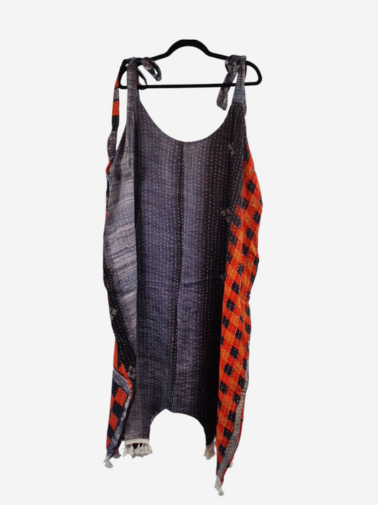 She Lives Beauty bohemian harem jumpsuit in vintage kantha cotton with orange and black geometric patterns