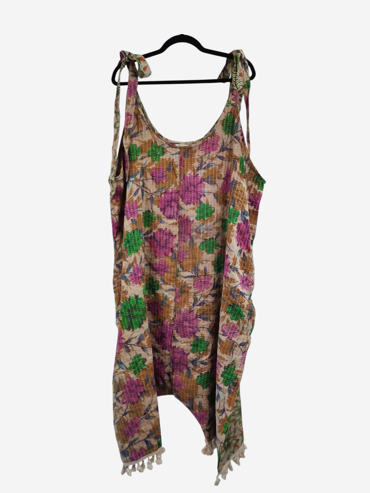 She Lives Beauty bohemian harem jumpsuit in vintage floral kantha cotton with capri-length legs and tie shoulders.