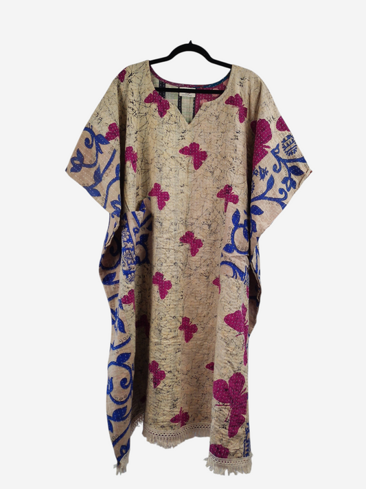 She Lives Beauty reversible kantha kaftan in beige cotton with blue and magenta butterfly and floral print