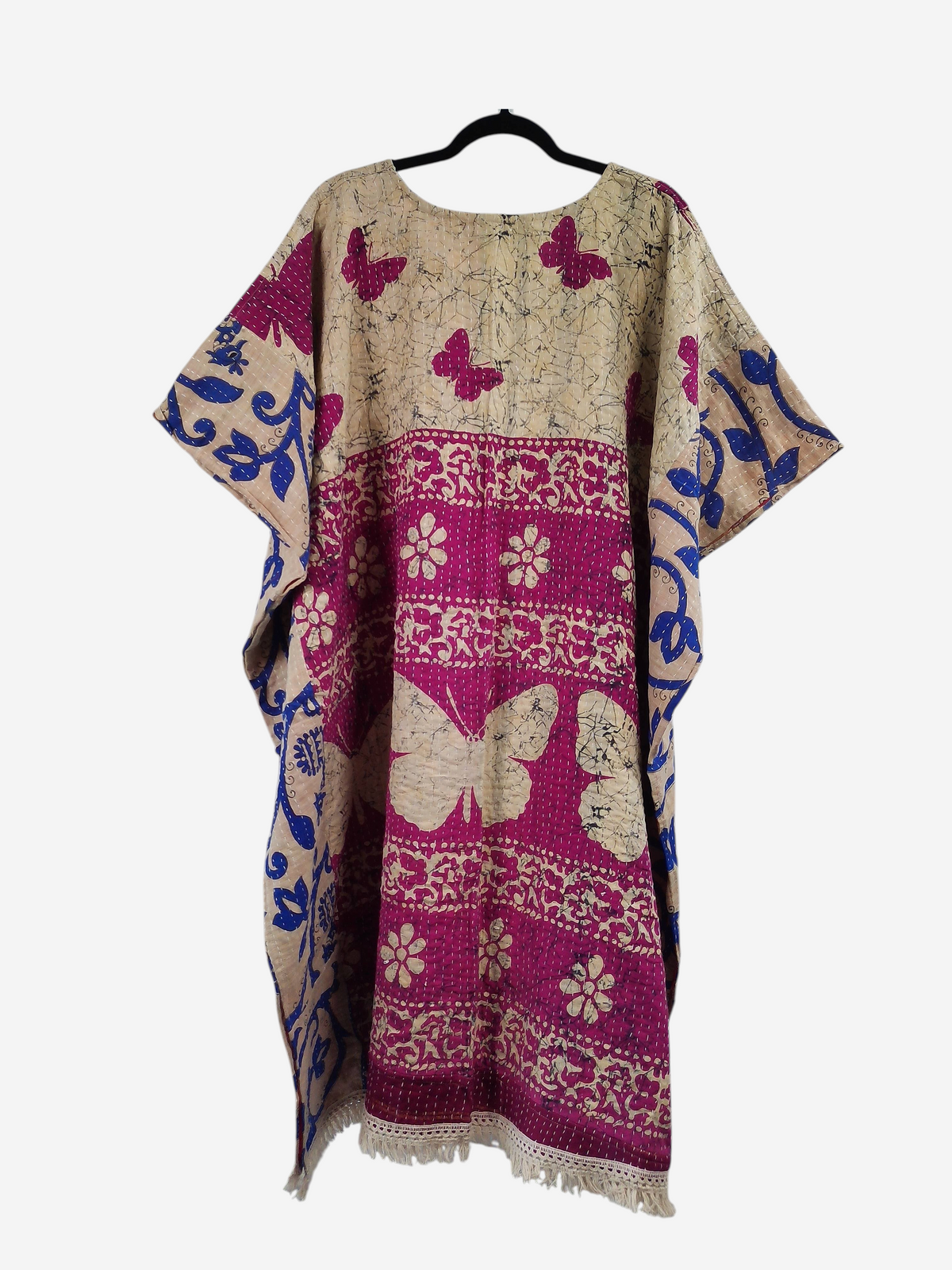 She Lives Beauty reversible kantha kaftan in vintage cotton with butterfly and floral print in magenta and cream