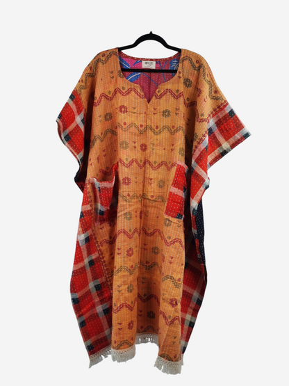 She Lives Beauty reversible kantha kaftan in orange vintage cotton with bohemian patterns and fringe hem