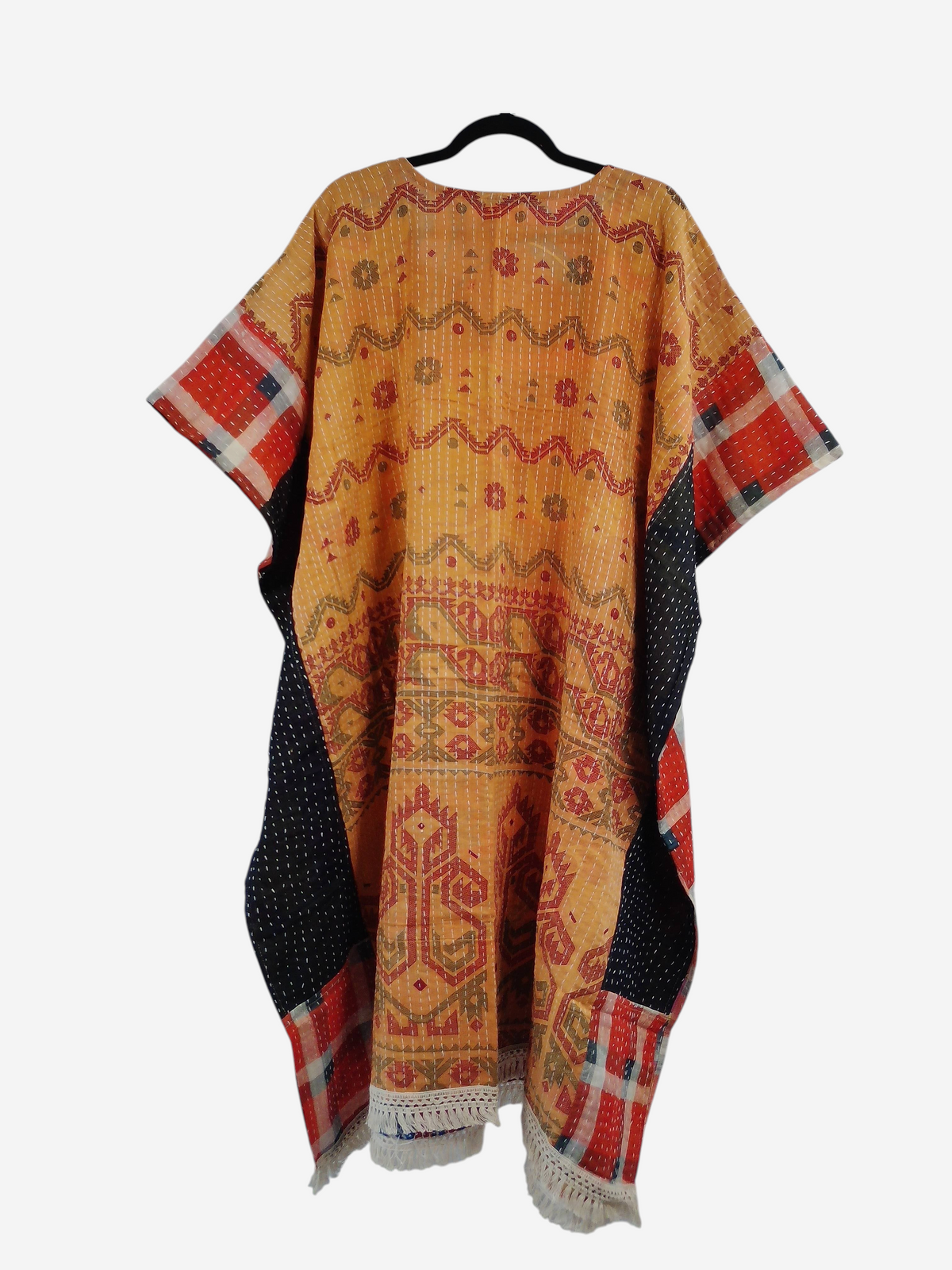 She Lives Beauty reversible kantha kaftan in orange vintage cotton with intricate stitching and fringe hem