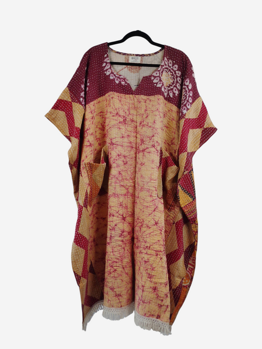She Lives Beauty reversible kantha kaftan in maroon and yellow vintage cotton with bohemian stitching and fringe hem