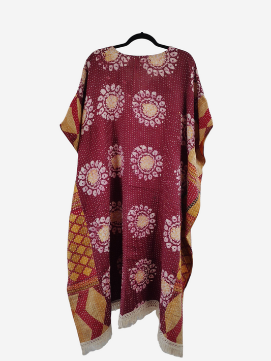 She Lives Beauty La Isla Bonita reversible kantha kaftan in maroon vintage cotton with floral and geometric patterns.