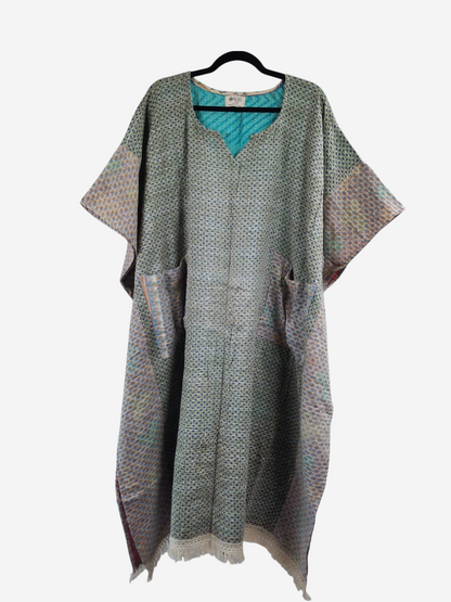 She Lives Beauty reversible kantha kaftan in vintage cotton with a grey patterned print and fringe hem detail.