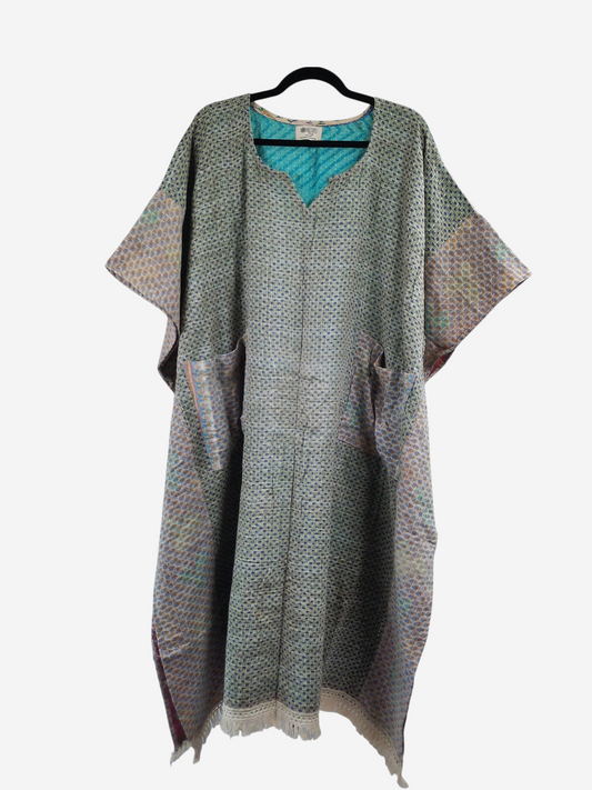 She Lives Beauty reversible kantha kaftan in vintage cotton with a grey patterned print and fringe hem detail.