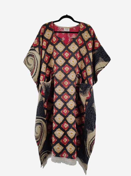 She Lives Beauty reversible kantha kaftan in vintage cotton with a colorful geometric pattern and fringe hem