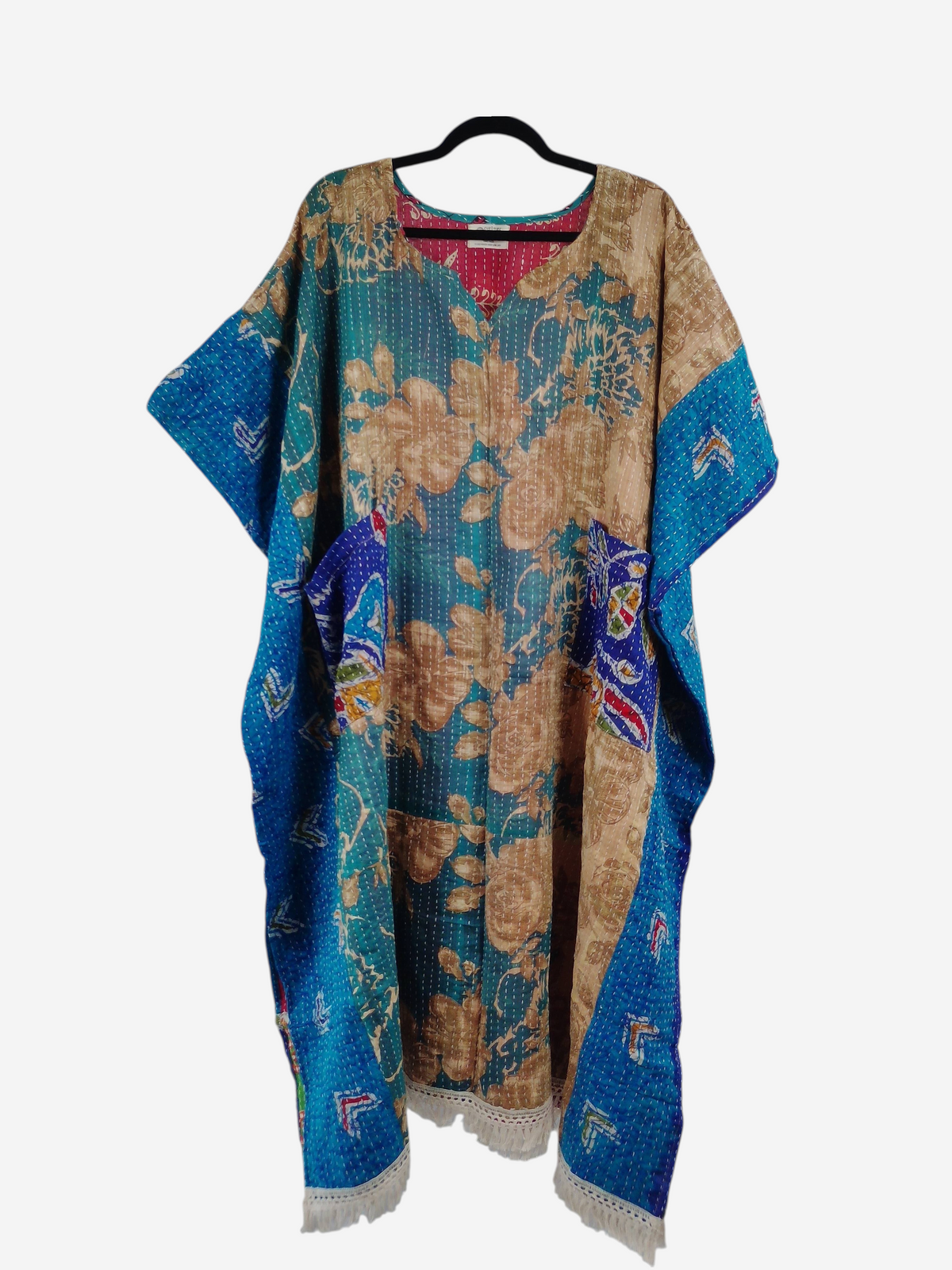 She Lives Beauty reversible kantha kaftan in blue and tan vintage cotton with floral patterns and fringe trim