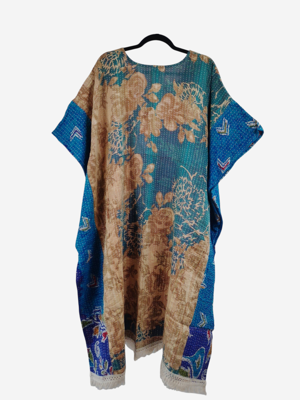 She Lives Beauty reversible kantha kaftan in blue and tan vintage cotton with floral patterns and fringe hem