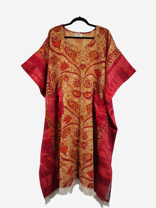 She Lives Beauty La Isla Bonita reversible kantha kaftan in red and gold vintage cotton with bohemian floral print