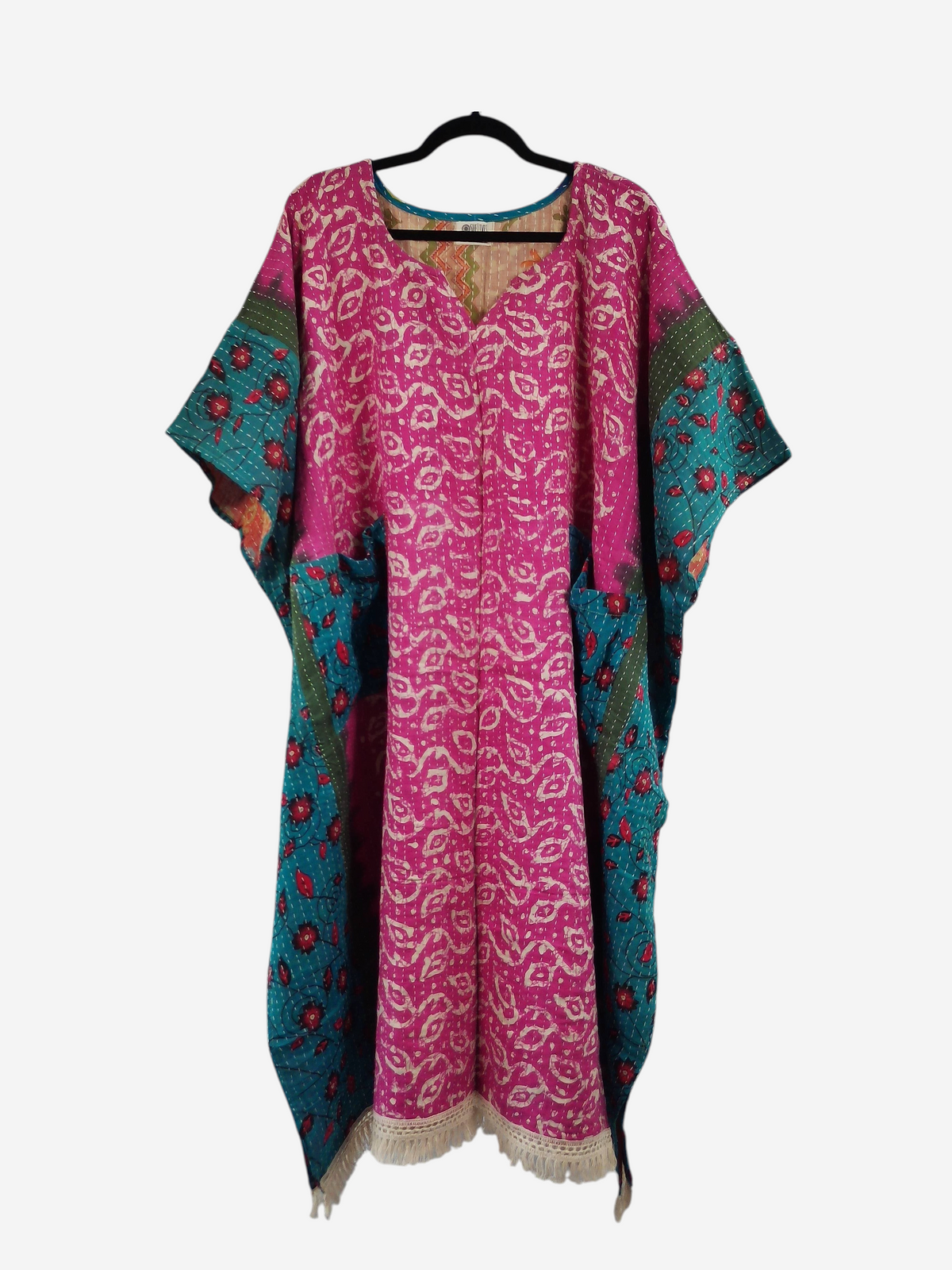 She Lives Beauty reversible kantha kaftan in pink and teal vintage cotton with bohemian floral patterns and fringe