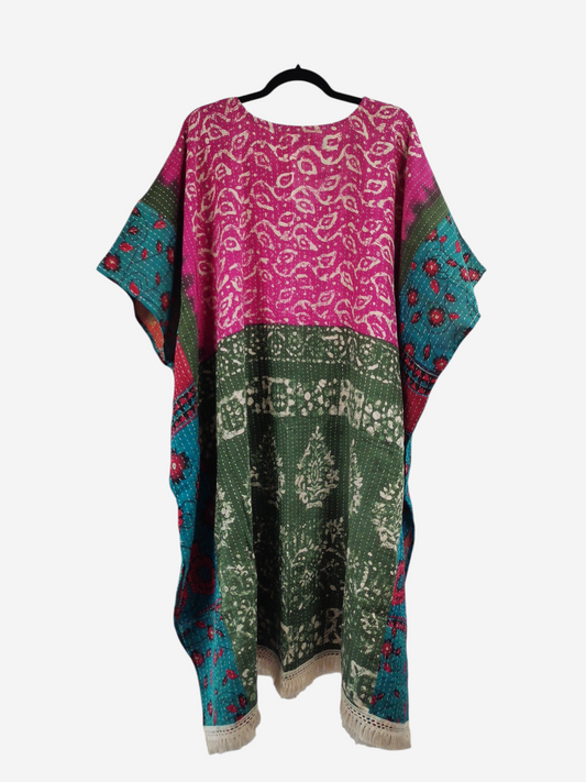 She Lives Beauty reversible kantha kaftan in pink and green vintage cotton with bohemian floral patterns and fringe