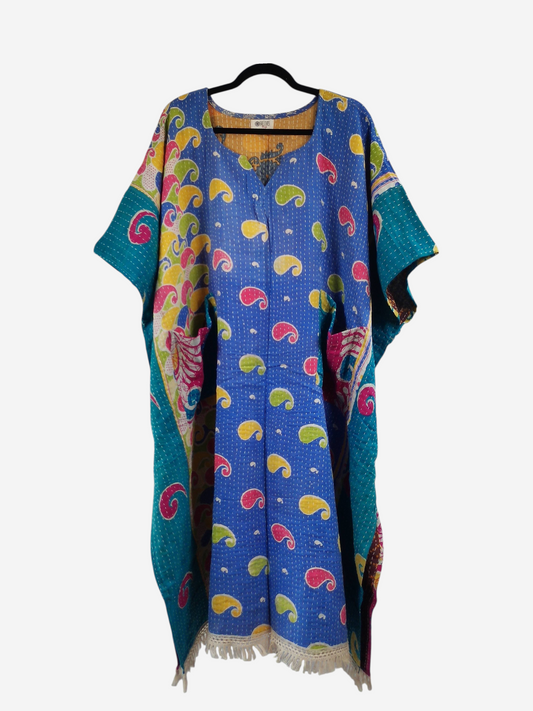 She Lives Beauty reversible blue kantha kaftan made from vintage cotton with colorful paisley patterns and fringe hem.
