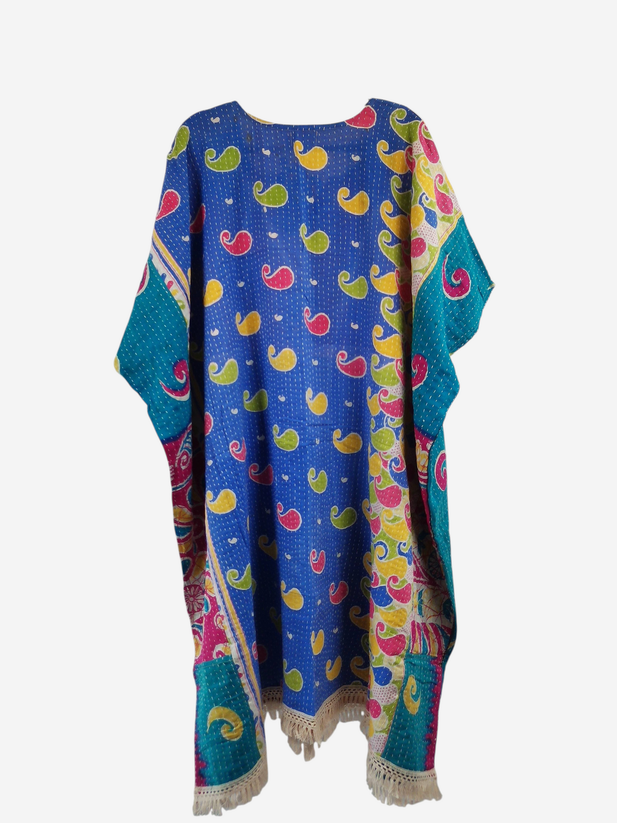 She Lives Beauty reversible kantha kaftan in blue vintage cotton with colorful paisley patterns and fringe hem