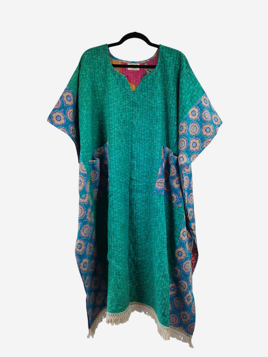 She Lives Beauty reversible kantha kaftan in green vintage cotton with floral patterns and fringe hem