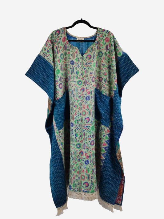 She Lives Beauty La Isla Bonita reversible kantha kaftan in vintage cotton with floral patterns and blue accents