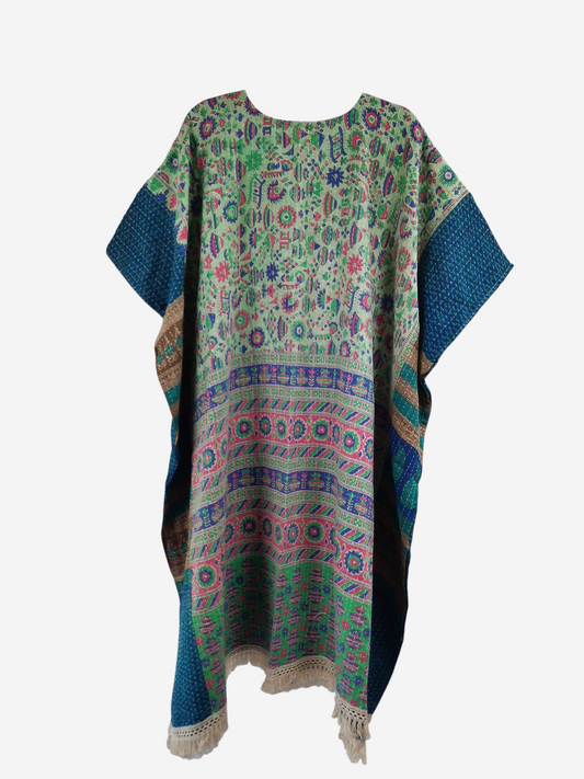 She Lives Beauty reversible kantha kaftan in vintage cotton with green, blue, and pink bohemian floral patterns.