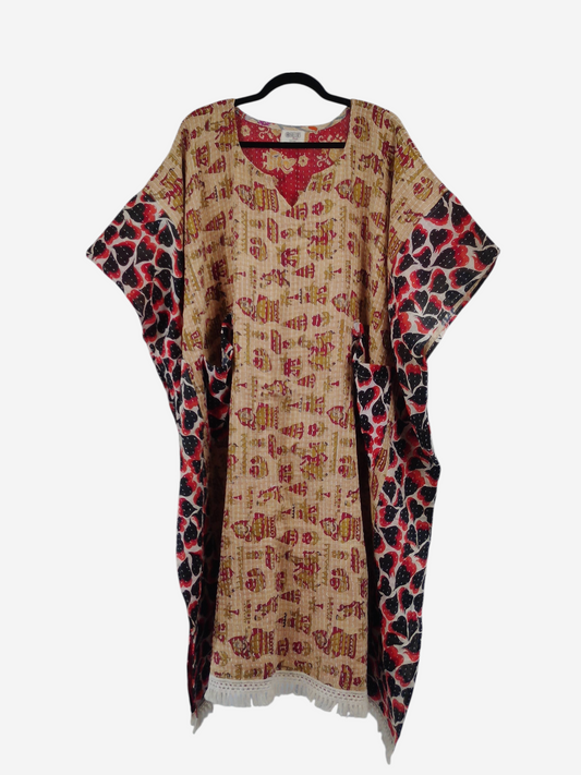 She Lives Beauty reversible kantha kaftan in vintage cotton with red and beige patterned fabric and fringe hem