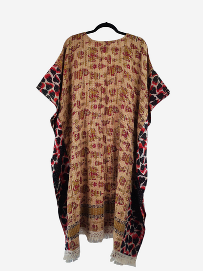 She Lives Beauty La Isla Bonita reversible kantha kaftan in tan vintage cotton with red and black patterned trim