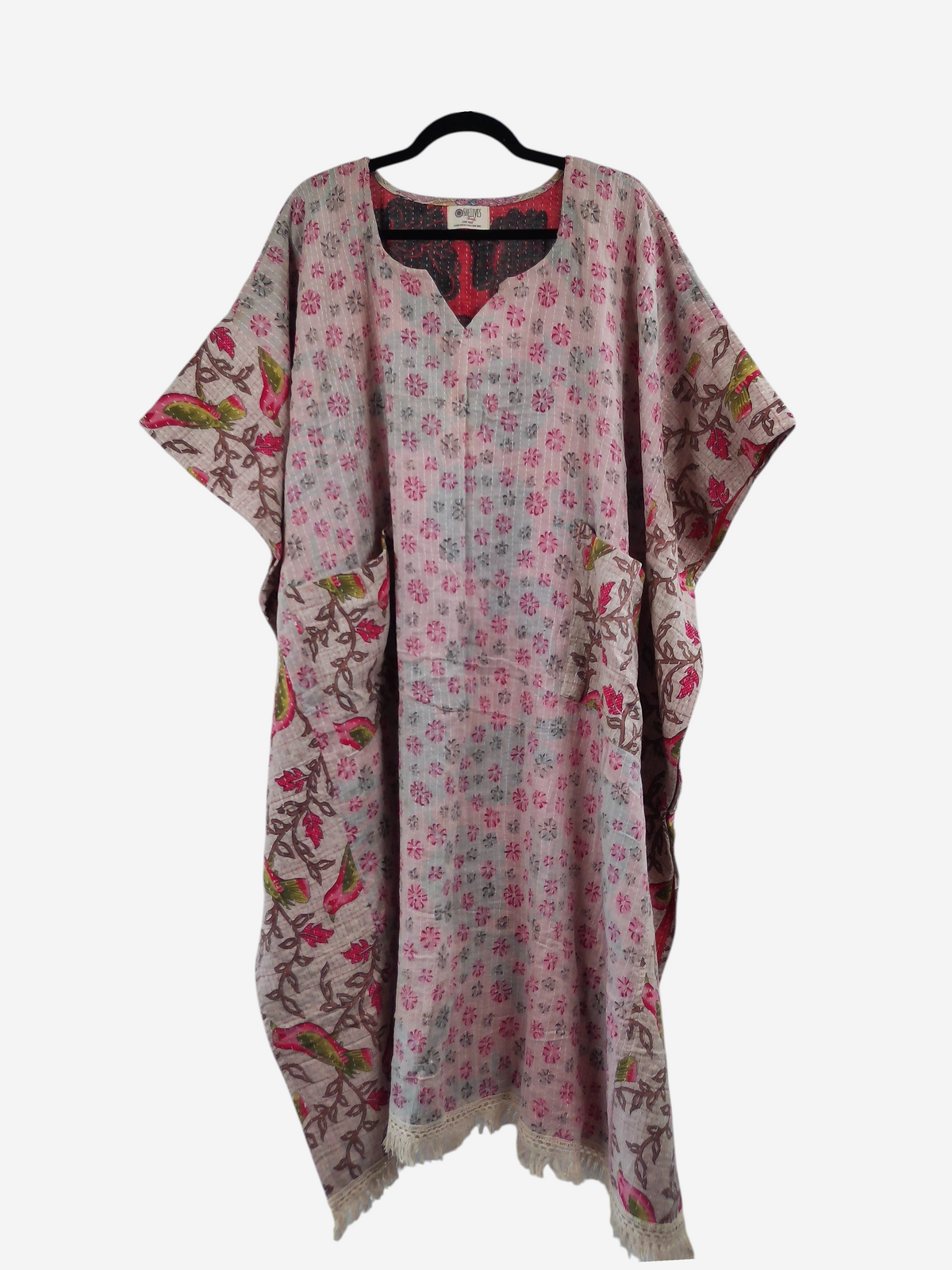 She Lives Beauty La Isla Bonita reversible kantha kaftan in vintage floral cotton with fringe hem