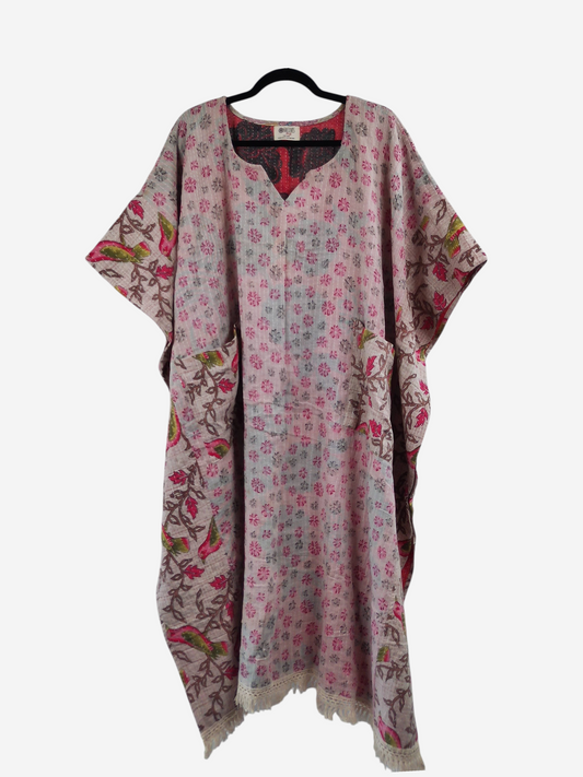 She Lives Beauty La Isla Bonita reversible kantha kaftan in vintage floral cotton with fringe hem
