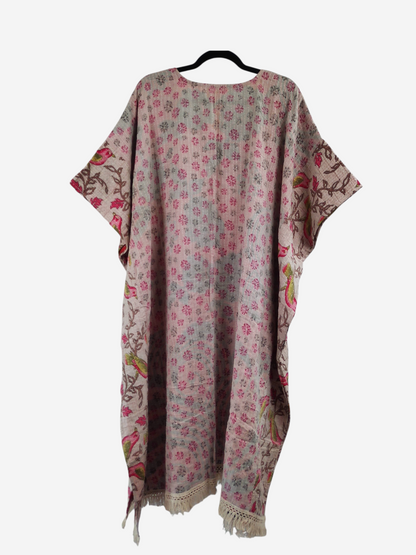 She Lives Beauty La Isla Bonita reversible kaftan in pink floral vintage cotton with kantha stitching and fringe hem