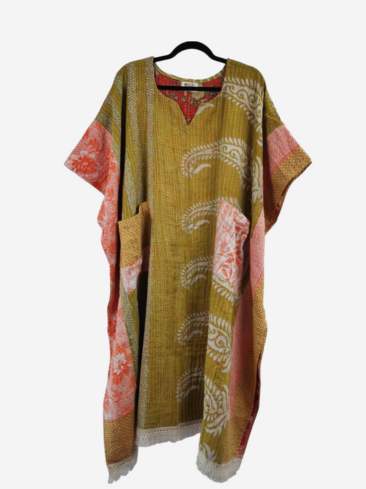 She Lives Beauty reversible kantha kaftan in olive green and coral vintage cotton with paisley and floral patterns