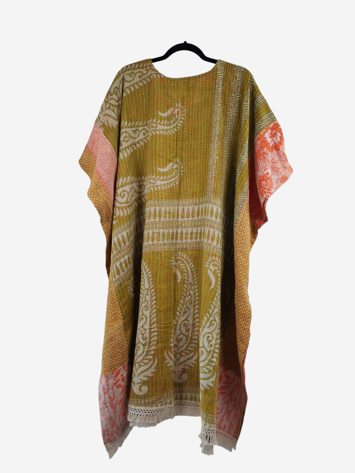She Lives Beauty reversible kantha kaftan in olive green and orange vintage cotton with intricate stitching and fringe