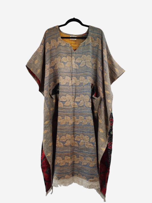 She Lives Beauty La Isla Bonita reversible kaftan in vintage cotton with kantha stitching and fringe hem
