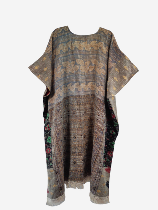 She Lives Beauty La Isla Bonita reversible kaftan in vintage kantha cotton with bohemian patterns and fringe hem