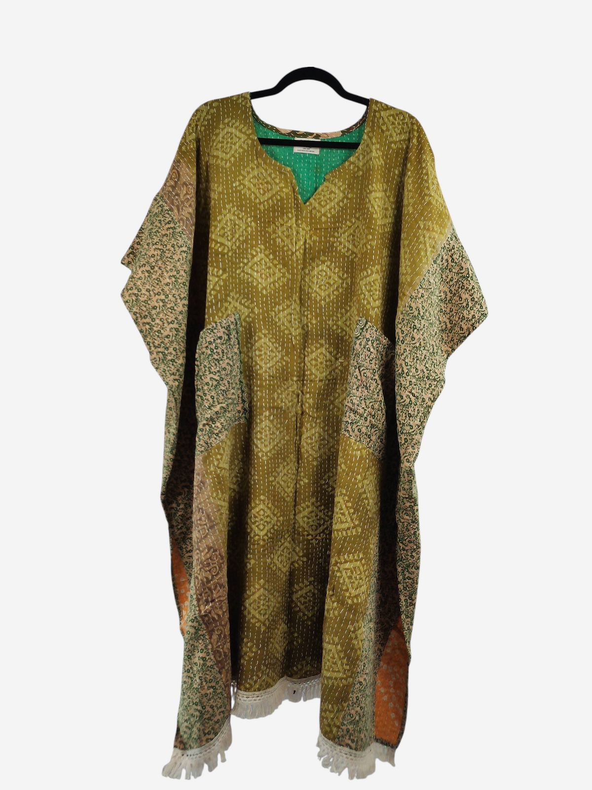 She Lives Beauty reversible olive green kantha kaftan made from vintage cotton with intricate stitching and fringe