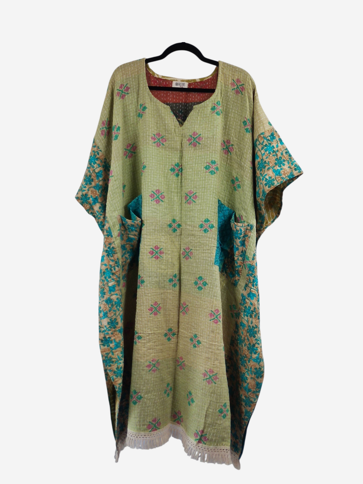 She Lives Beauty reversible kantha kaftan in green vintage cotton with floral patterns and fringe hem