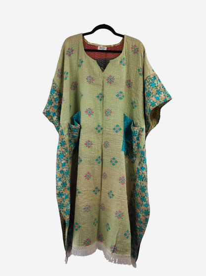She Lives Beauty reversible kantha kaftan in green vintage cotton with floral patterns and fringe hem