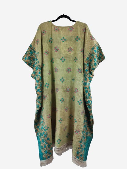 She Lives Beauty reversible kantha kaftan in olive green vintage cotton with pink and teal floral embroidery