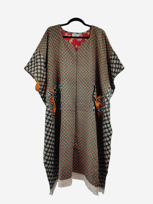 She Lives Beauty reversible kantha kaftan made from vintage cotton with geometric patterns and fringe hem
