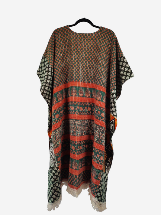 She Lives Beauty reversible kantha kaftan in vintage cotton with orange and green geometric patterns and fringe hem
