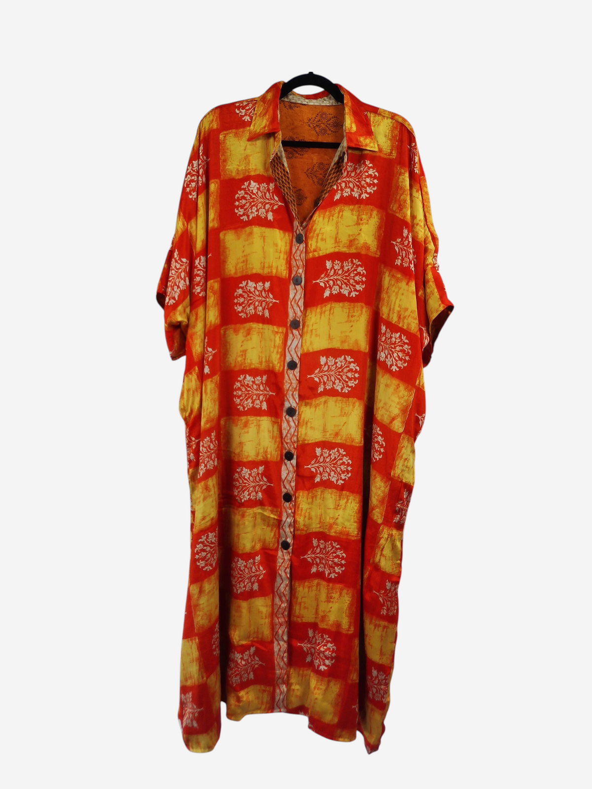 She Lives Beauty reversible kaftan in vibrant orange and yellow vintage rasgulla silk with a button-front design.