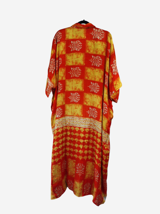 She Lives Beauty reversible kaftan in orange and yellow vintage rasgulla silk with a bohemian floral block print